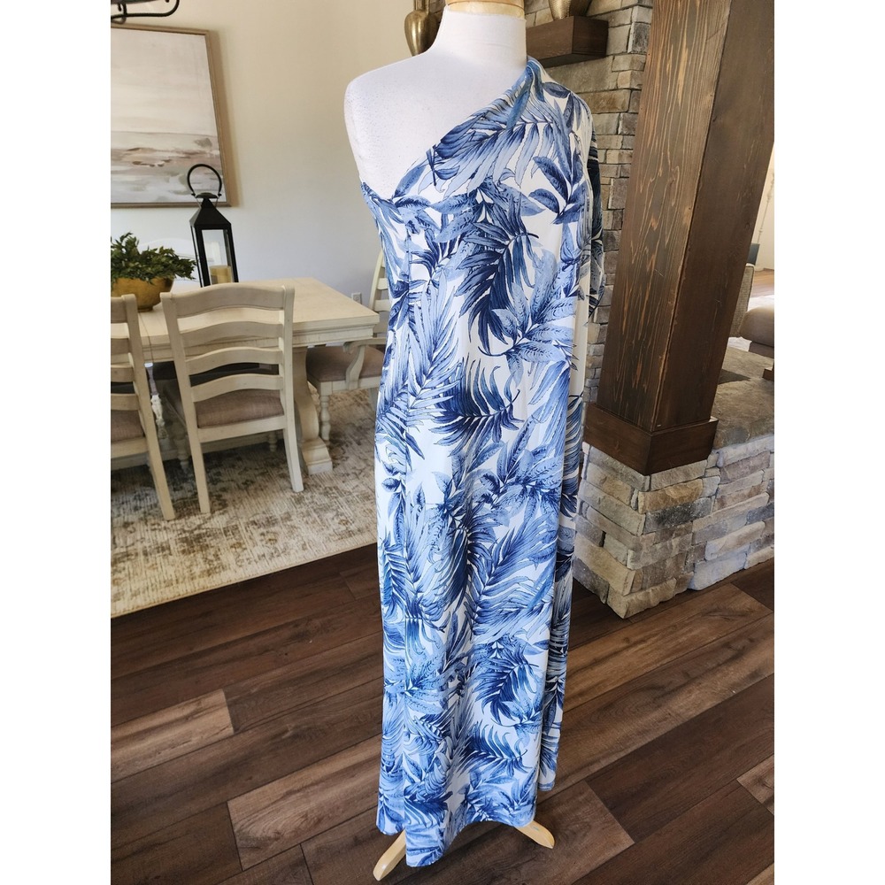 Harper Tyche Blue White Tropical Palm Leaf One Shoulder Maxi Dress Small - Picture 3 of 10